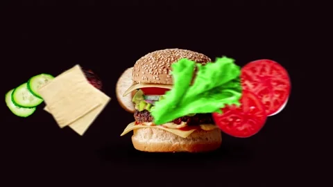 Hamburger ingredients fly around the finished hamburger. Hamburger day. Cooki Stock Footage 172352801