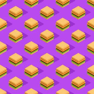 Hamburger isometric pattern seamless. Burger Fast food background Stock Illustration
