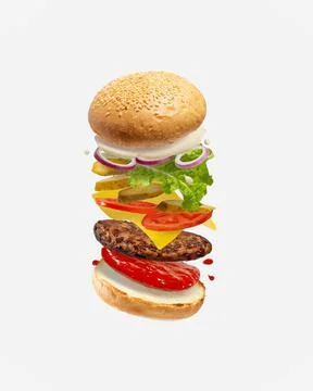 Hamburger levitating on a white isolated background Stock Photos