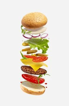 Hamburger levitating on a white isolated background Stock Photos