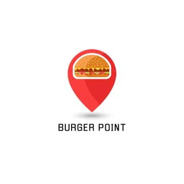 Hamburger logo pointer pin location sandwich fast food point. American burger Stock Illustration