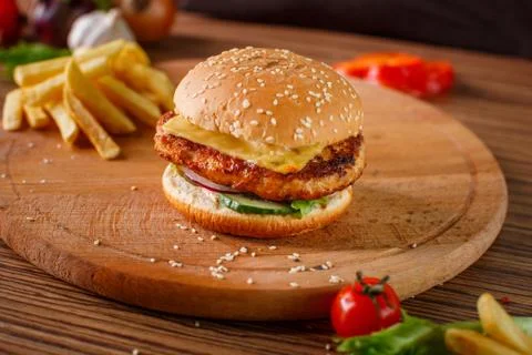 Hamburger with meat cutlet Stock Photos