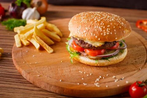 Hamburger with meat cutlet Stock Photos