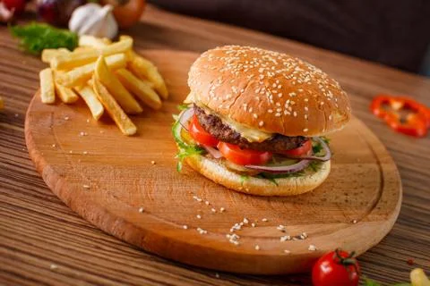 Hamburger with meat cutlet Stock Photos