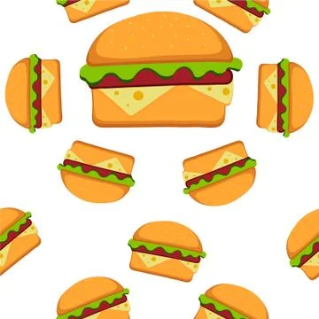 Hamburger pattern vector illustration in flat style. Fast food seamless bac.. Illustrazione stock