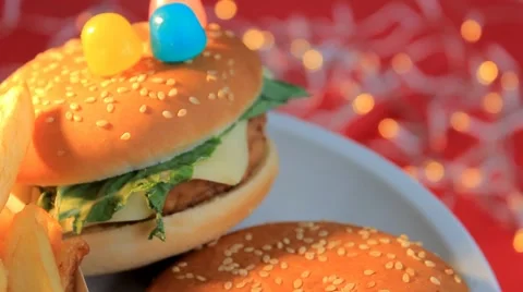 Hamburger - Red Background - Turning - Focus - 09 Stock Footage 62399564