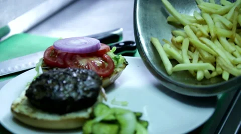 Hamburger Resturant Dish with Fries Stock Footage 44247348