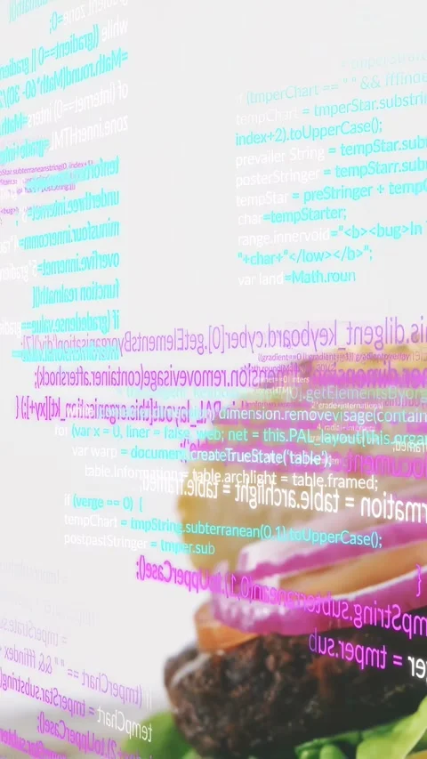 Hamburger sliding from right to center while cyan code shifting around showing Stock Footage 332735309