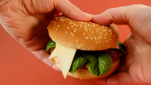 Hamburger structure. Hamburger Ingredients .Hands break the burger in two halves Stock Footage 154439301
