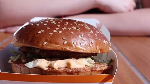 A hamburger is on the table in front of the girl. Stock Footage 204746579