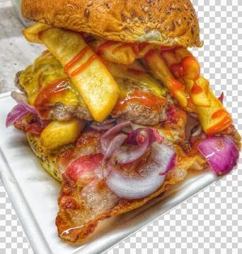 Hamburger top stuffed with maxi wedge fries, crispy bacon, cheddar and onion. Be Foto stock