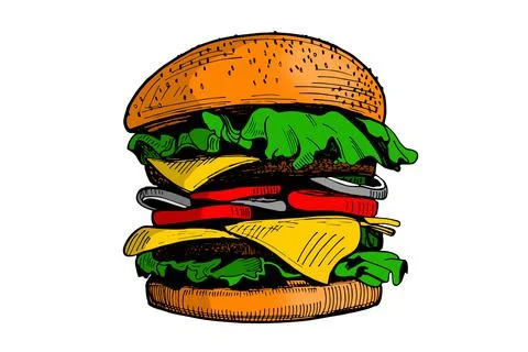 Hamburger on a white plate close up. Stock Illustration