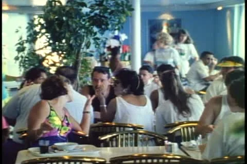 HAMILTON, BERMUDA, 1994, Crowd seated in casual restaurant on a cruise ship Stock Footage 12249903