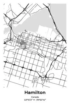 Hamilton, Canada - vector map of city in Black, white, gray, BW colors Stock Illustration