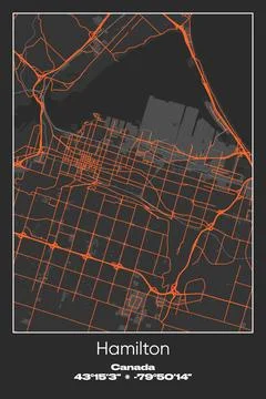 Hamilton, Canada - vector map of city in Gray, Black, Orange colors Stock Illustration