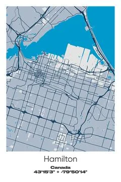Hamilton, Canada - vector map of city in Blue, Gray, Yellow, Olive colors Stock Illustration