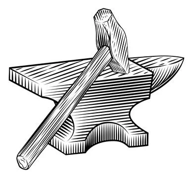 Hammer and Anvil Blacksmith Workshop Tools Woodcut Stock Illustration