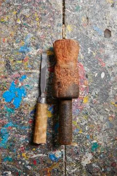 Hammer and chisel in old carpentry workshop Stock Photos