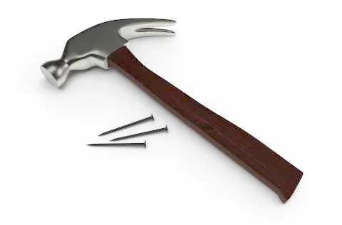 Hammer and nails on white surface. 3D rendering Stock Illustration