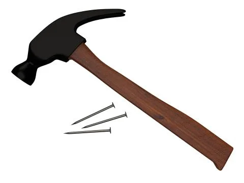 Hammer and nails on white surface. 3D rendering Stock Illustration