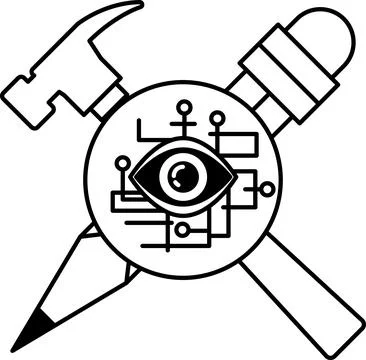 A hammer and a pair of scissors are crossed over a black circle with an eye.. Ilustração Stock