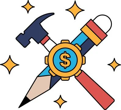 A hammer and a pair of scissors are crossed over a dollar sign Ilustração Stock