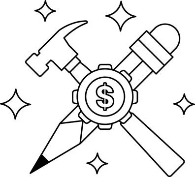 A hammer and a pair of scissors are crossed over a dollar sign Ilustração Stock