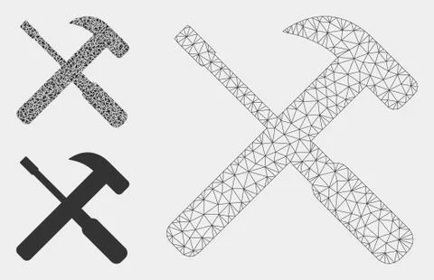 Hammer and Screwdriver Tools Vector Mesh Wire Frame Model and Triangle Mosaic Illustrazione stock