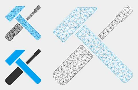 Hammer and Screwdriver Vector Mesh Wire Frame Model and Triangle Mosaic Icon Illustrazione stock