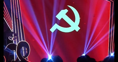 The hammer and sickle flag, the red flag with a yellow star of Vietnam Stock Footage 327567483