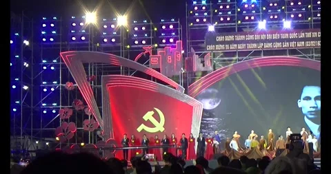 The hammer and sickle flag, the red flag with a yellow star of Vietnam Stock Footage 327567598