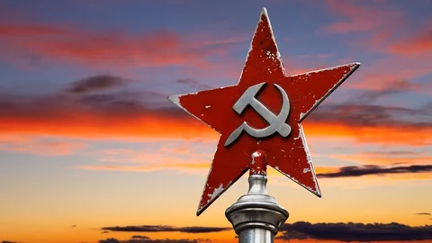 The Hammer and Sickle in Red Star, Symbol of Communism, Time Lapse at Twilight Stock Footage 119653547