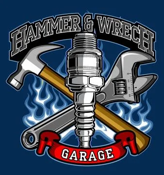 Hammer and wrench on fire Stock Illustration