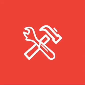 Hammer And Wrench Line Red Icon On White Background. Red Flat Style Vector Stock Illustration