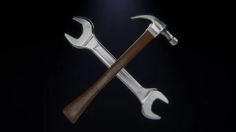Hammer and wrench spanner icon isolated on a dark background. Hardware tools. Stock Footage 220764764