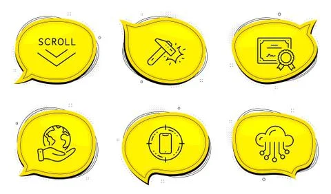 Hammer blow, Cloud storage and Scroll down icons set. Smartphone target sign Stock Illustration