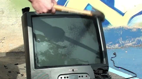 Hammer breaking old TV set (Slow Motion) Stock Footage 47114592