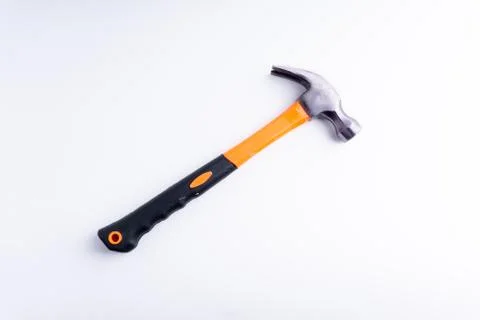 Hammer closeup on white background with selective focus and crop fragment Stock-Fotos