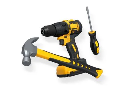 Hammer, cordless drill, and screwdriver isolated on white background with cli Stock Illustration