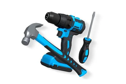 Hammer, cordless drill, and screwdriver on white background with clipping path Stock Illustration