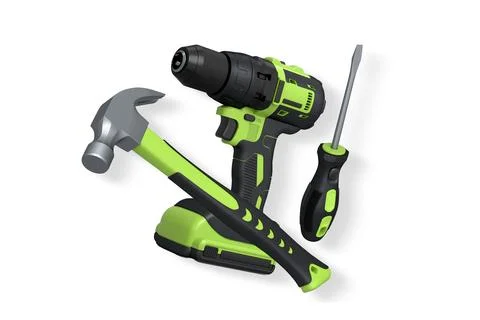 Hammer, cordless drill, and screwdriver isolated on white background with cli Stock Illustration