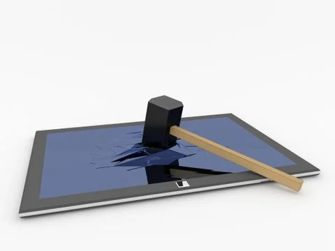 Hammer crash hitting a tablet computer, broken screen glass Stock Illustration