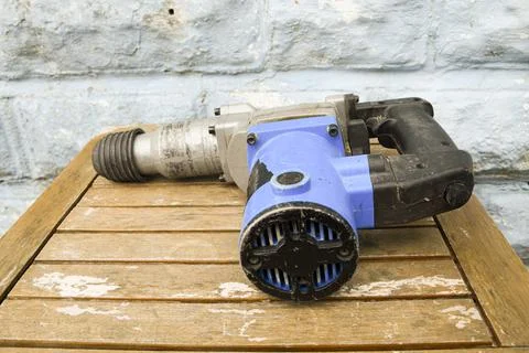 Hammer Drill Power Tool Close Up on Construction Site Stockfoto's