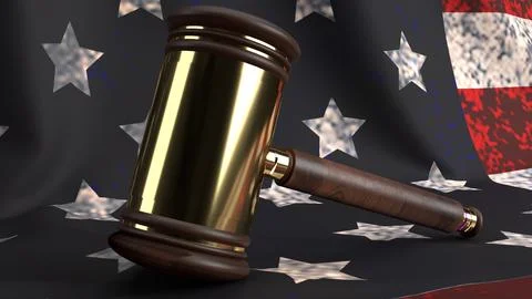 Hammer on front American flag 3d rendering for law content.. Stock Illustration