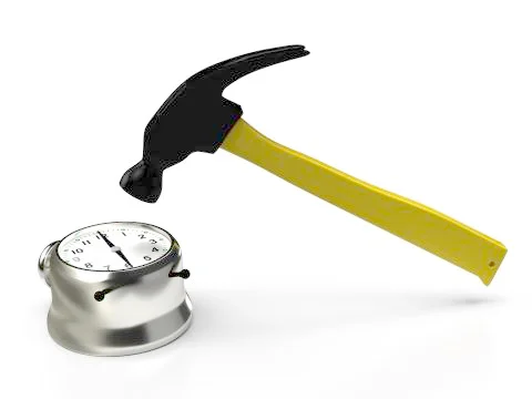 Hammer hitting the alarm clock, isolated on white. 3D rendering Stock Illustration