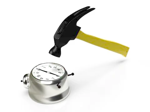 Hammer hitting the alarm clock, isolated on white. 3D rendering Stock Illustration