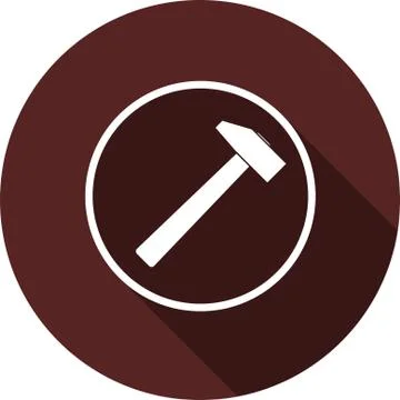 Hammer icon. White flat image in the contour of a white circle with a long sh Stock Illustration