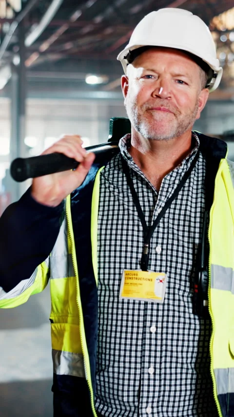 Hammer, man and portrait of construction worker on site with confidence for Stock Footage 340450623
