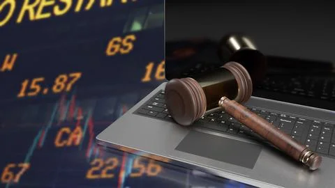 The hammer on notebook and chart Business Background  for law concept 3d re.. Stock Illustration