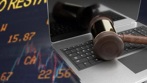 The hammer on notebook and chart Business Background  for law concept 3d re.. Stock Illustration